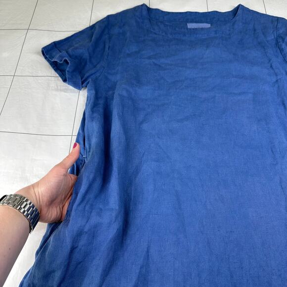 Lazy Bones Dress Womens Small Blue Linen Midi Lagenlook Minimalist Short Sleeve - Picture 6 of 10